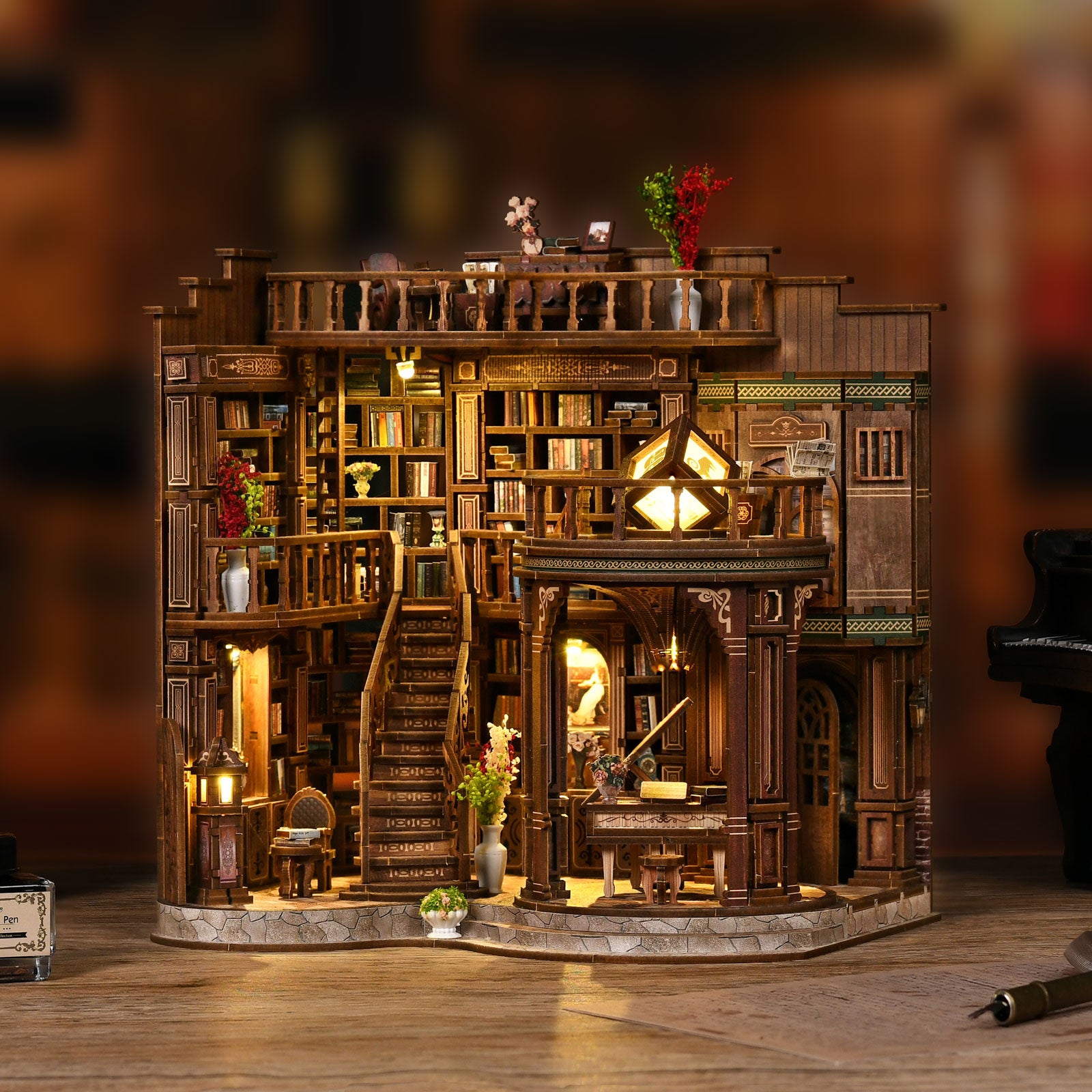 DIY Book Nook Kit 3D Wooden Puzzle - Enchanted Library Miniature House Bookshelf Insert