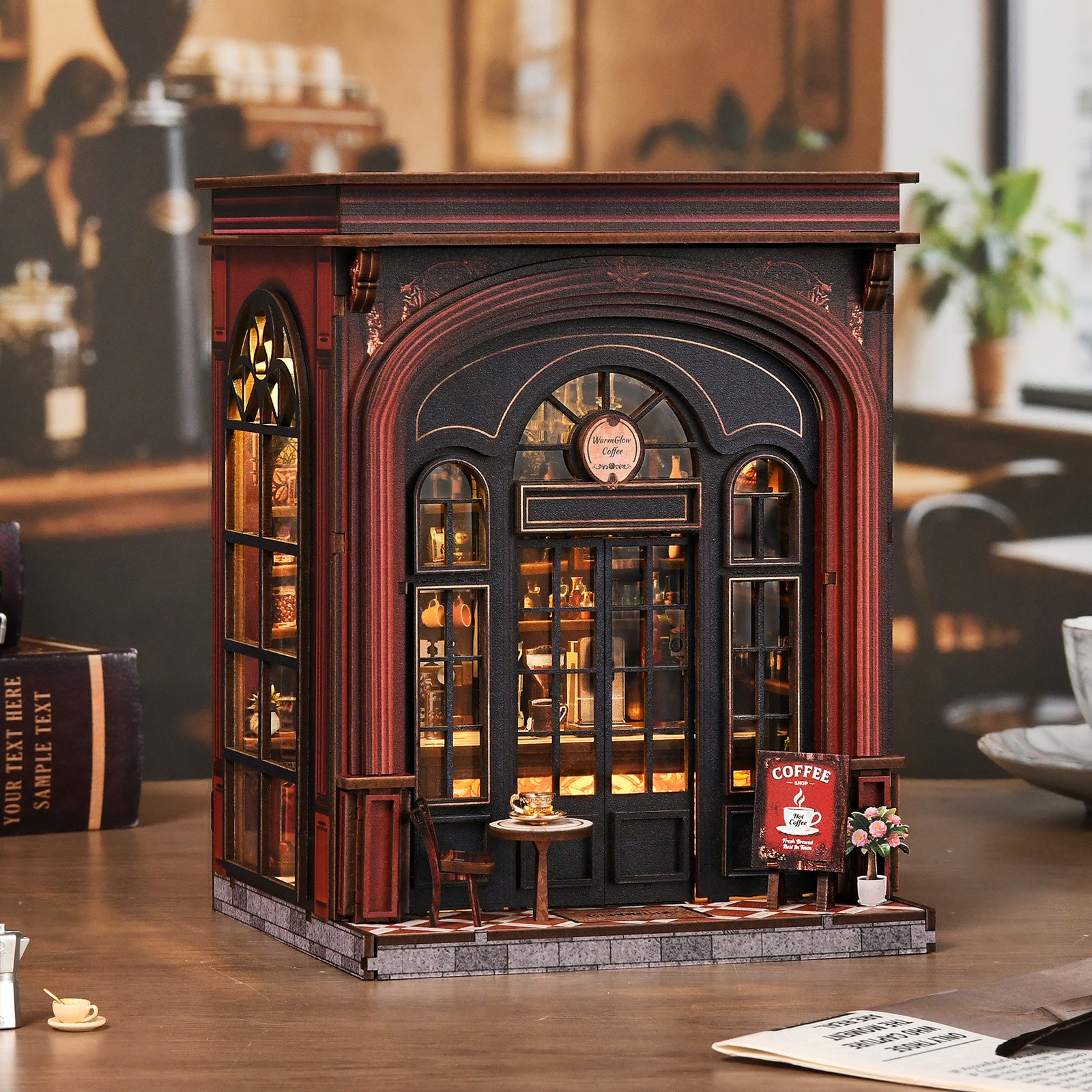 DIY Book Nook Kit - Vintage Coffee Shop 3D Wooden Puzzle Bookend