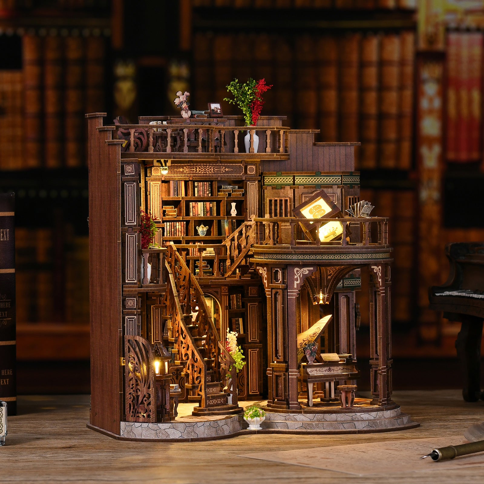 DIY Book Nook Kit 3D Wooden Puzzle - Enchanted Library Miniature House Bookshelf Insert