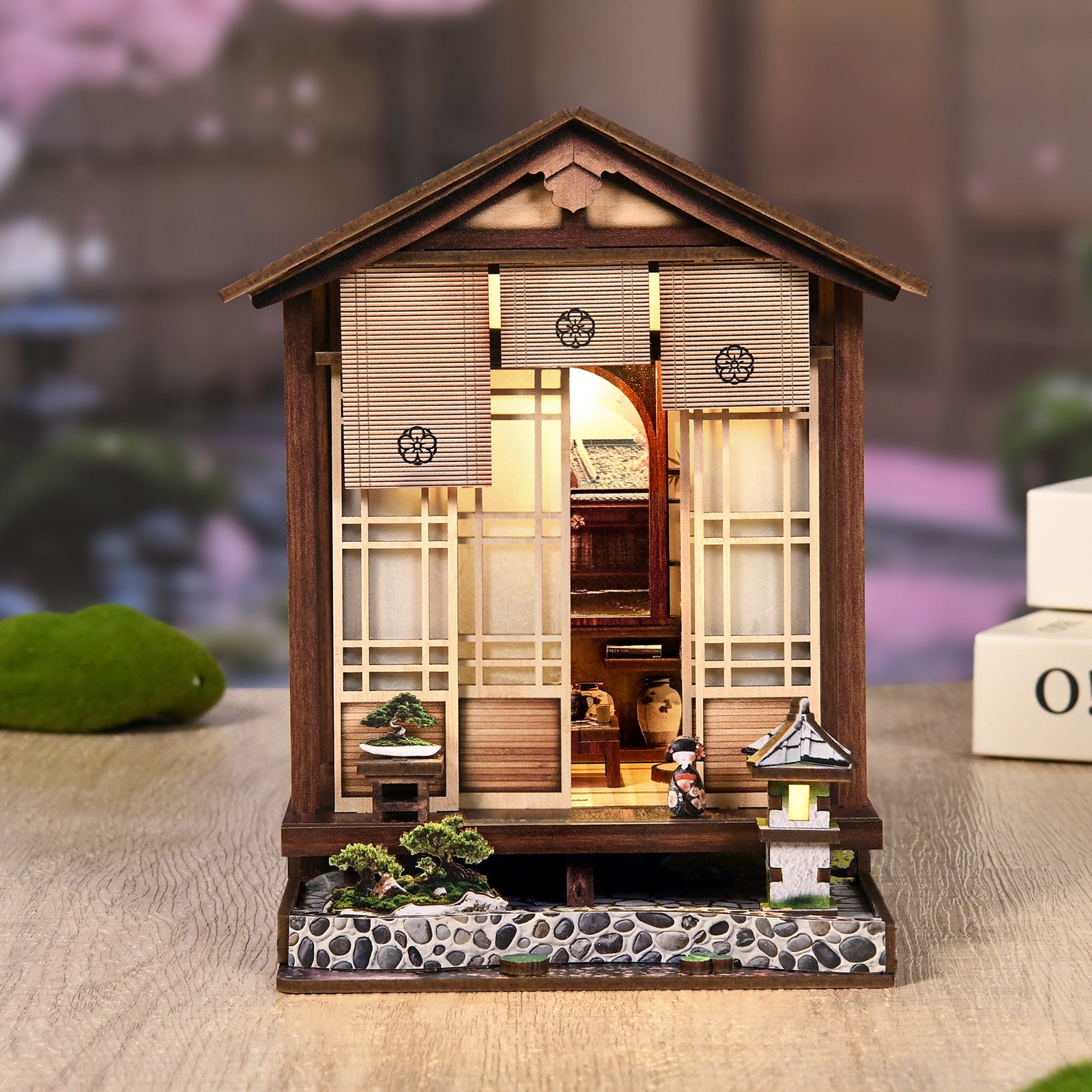 Traditional Japanese Zen Courtyard & Moss Lantern 3D Wooden Book Nook