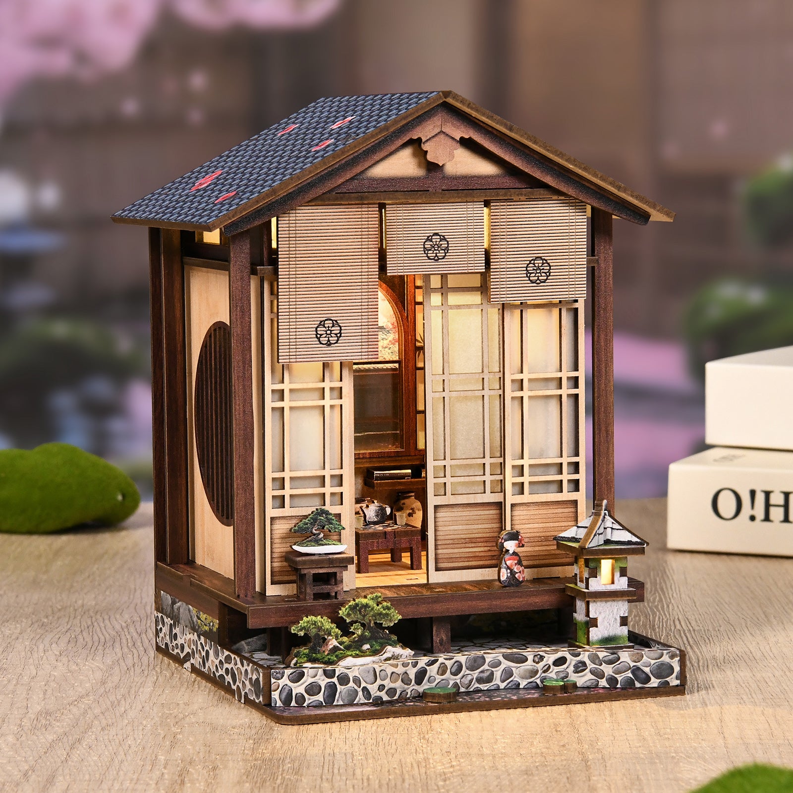 Traditional Japanese Zen Courtyard & Moss Lantern 3D Wooden Book Nook