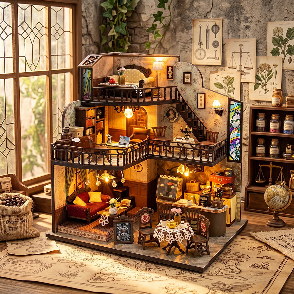 DIY Miniature House Kit - 3-Story Vintage Coffee Shop & Cozy Loft 3D Wooden Puzzle