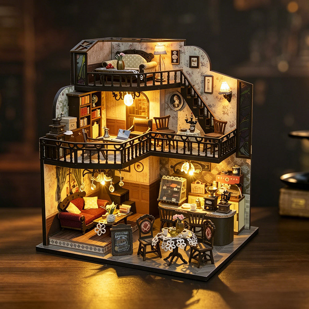 DIY Miniature House Kit - 3-Story Vintage Coffee Shop & Cozy Loft 3D Wooden Puzzle